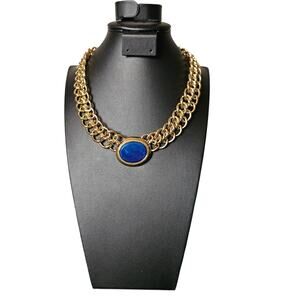 Bold Gold Chain Necklace with Royal Blue Cabochon Pendant